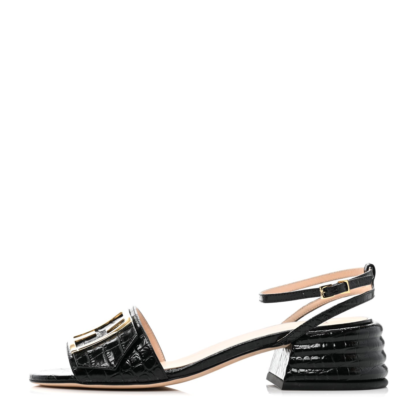 Vitello Crocodile Embossed Promenade Ankle Strap Sandals 38 Black