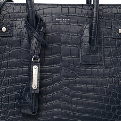 Saint Laurent Calfskin Crocodile Embossed Small Supple Sac de Jour Navy 8 of 11