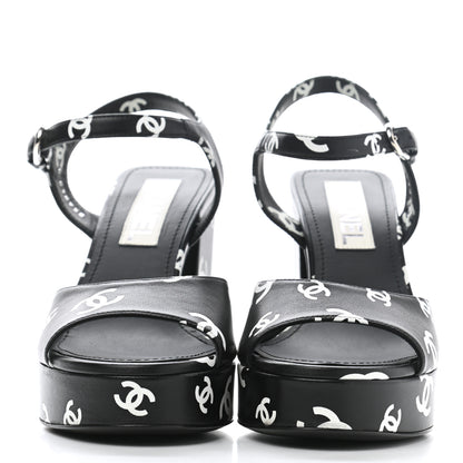 Chanel Printed Lambskin Coco Beach Platform Sandals 37 Black White 2 of 9