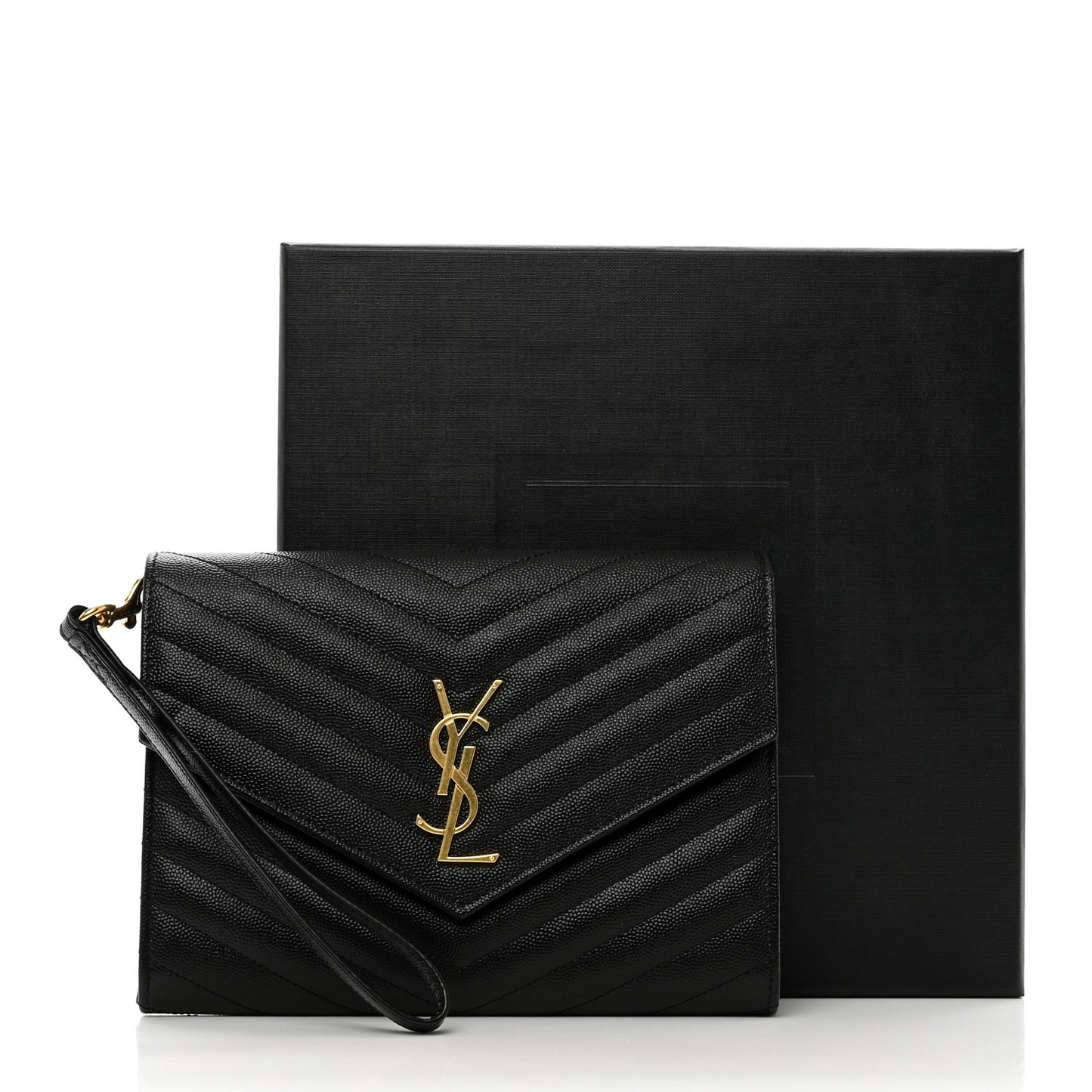 Grain De Poudre Matelasse Chevron Monogram Envelope Clutch Black