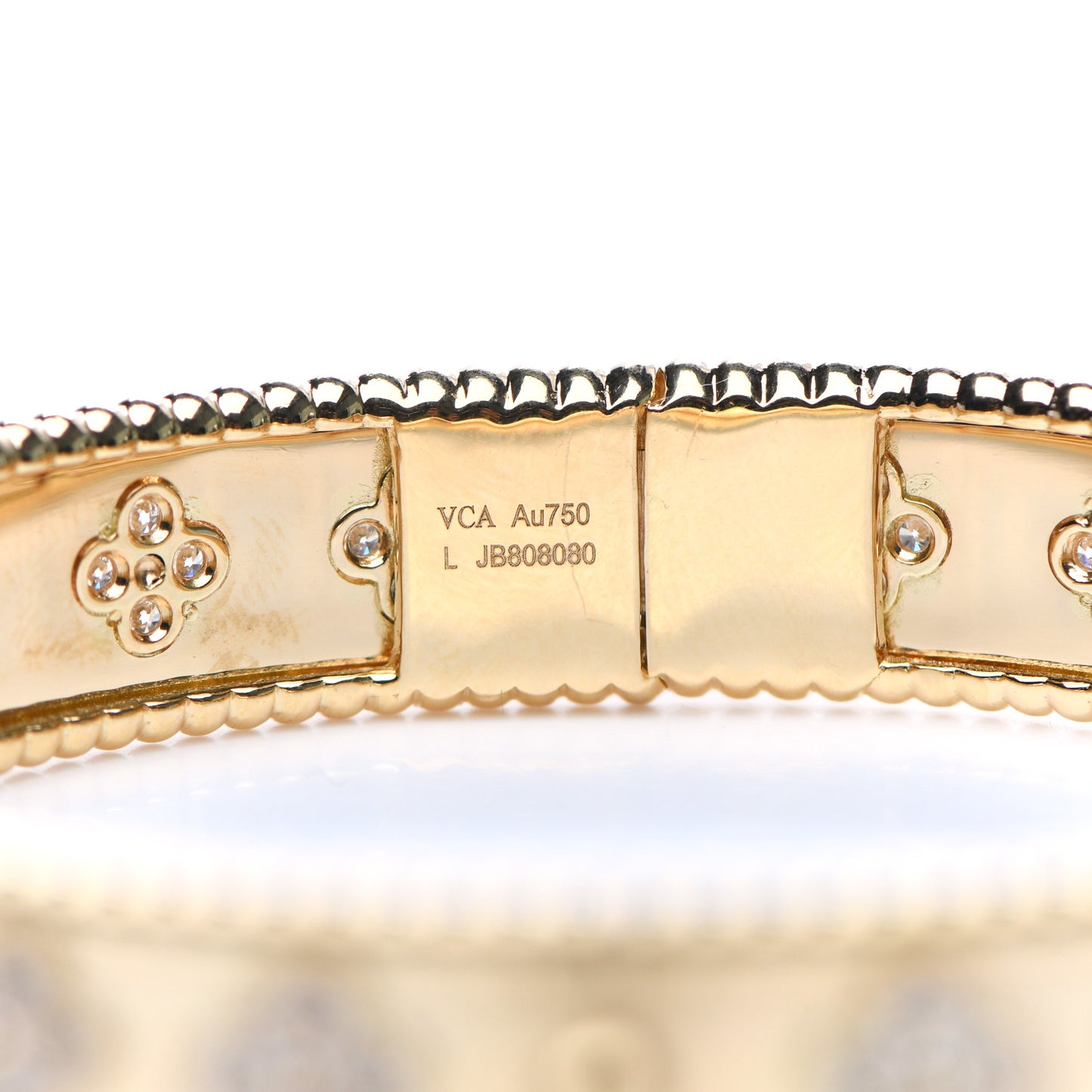 18K Yellow Gold Diamond Perlee Clovers Bangle Bracelet L
