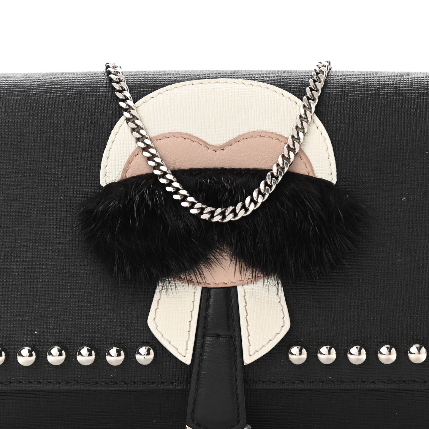 Vitello Elite Mink Fur Studded Karlito Tube Wallet on Chain Black