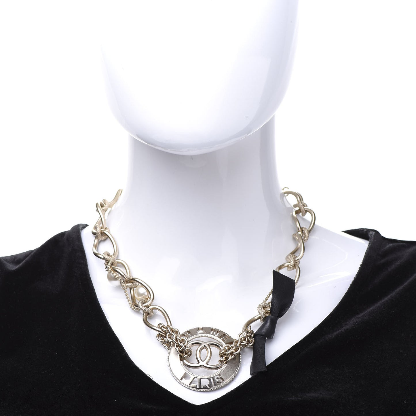 Metal Pearl Chain CC Paris Pendant Necklace Light Gold