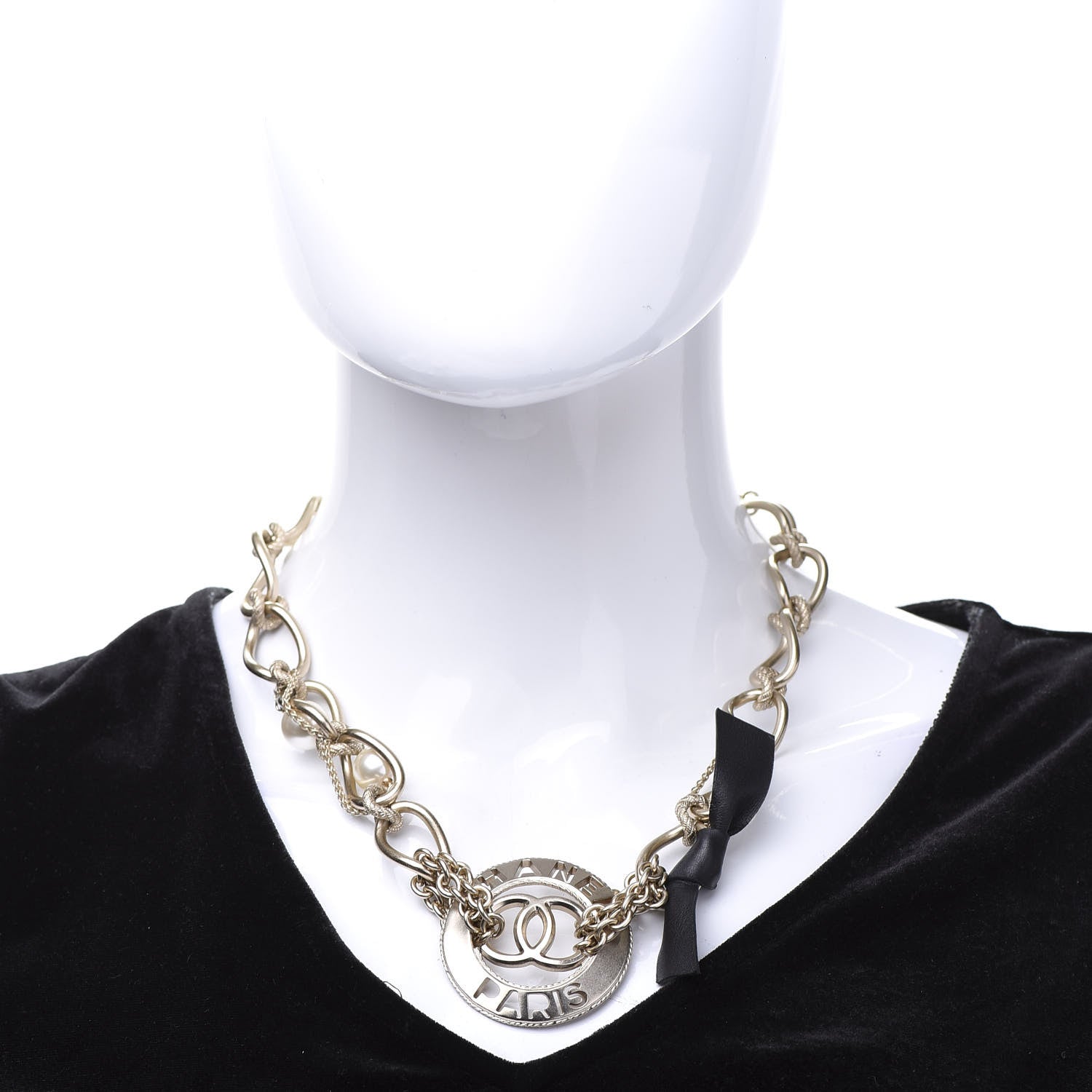 Chanel Metal Pearl Chain CC Paris Pendant Necklace Light Gold 2 of 8