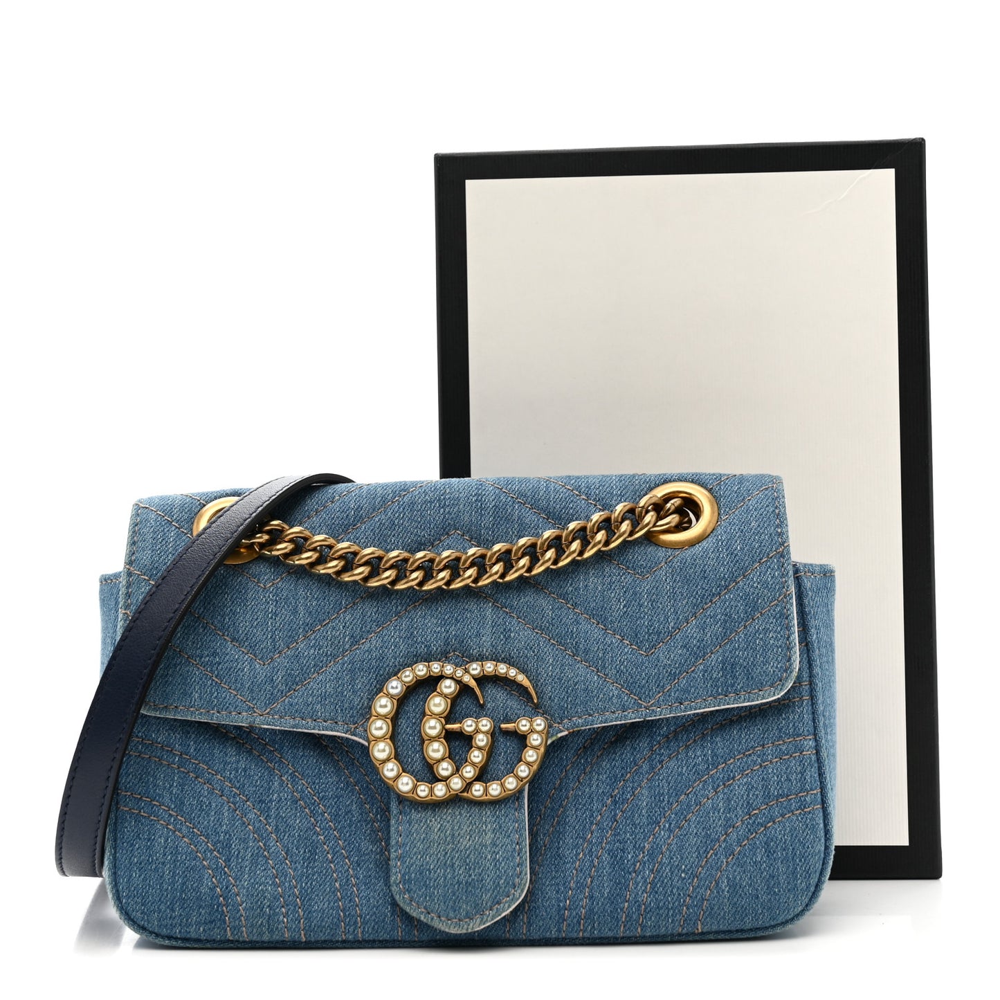 Denim Matelasse Mini Pearly GG Marmont Shoulder Bag Blue