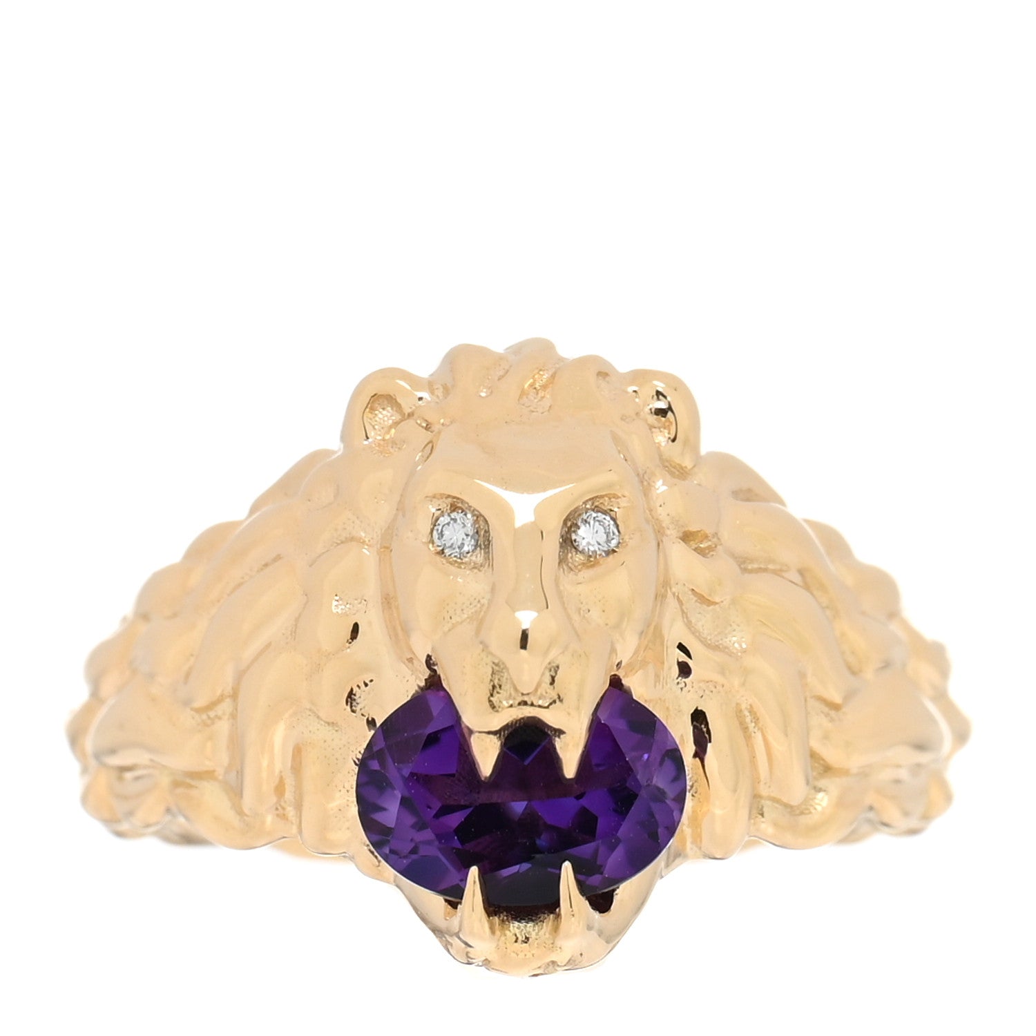 Gucci 18K Yellow Gold Diamond Amethyst Lion Head Ring 50 5.25 1 of 4