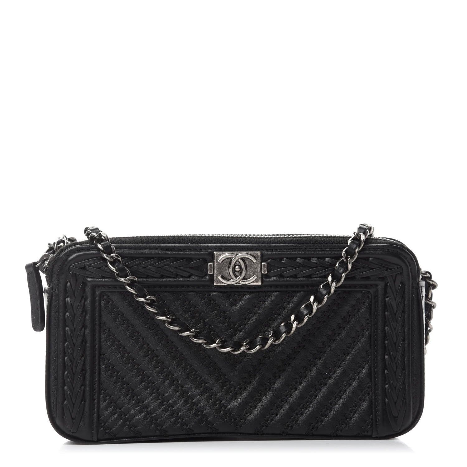 Chanel Calfskin Braided Chevron Quilted Small Boy Clutch With Chain Black 1 of 12