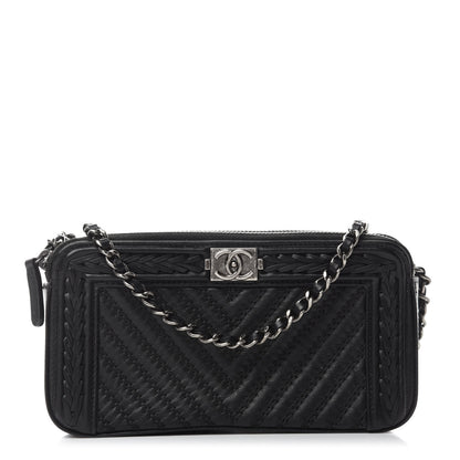 Chanel Calfskin Braided Chevron Quilted Small Boy Clutch With Chain Black 1 of 12