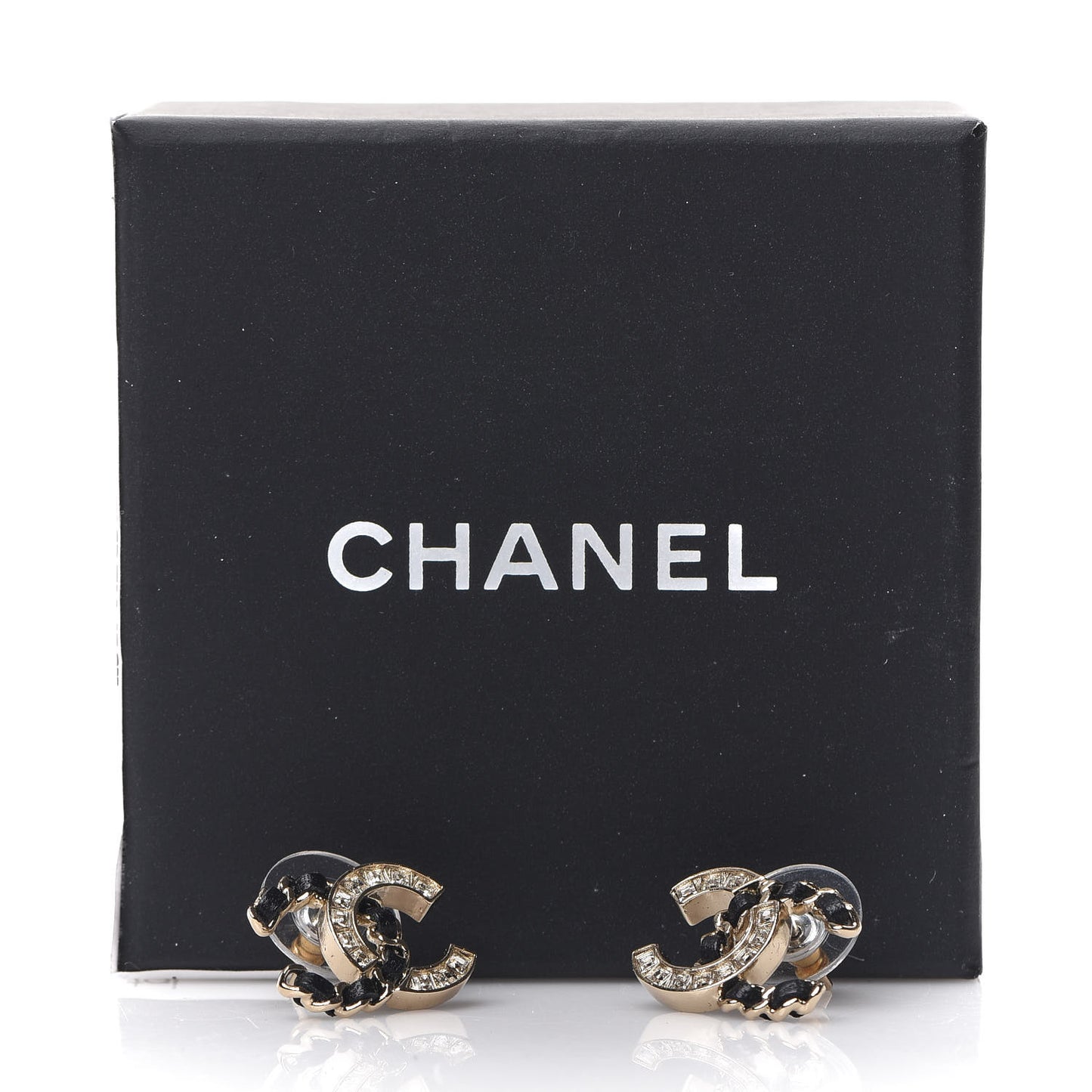 Crystal Baguette Lambskin Chain CC Vintage Allure Stud Earrings Black Gold