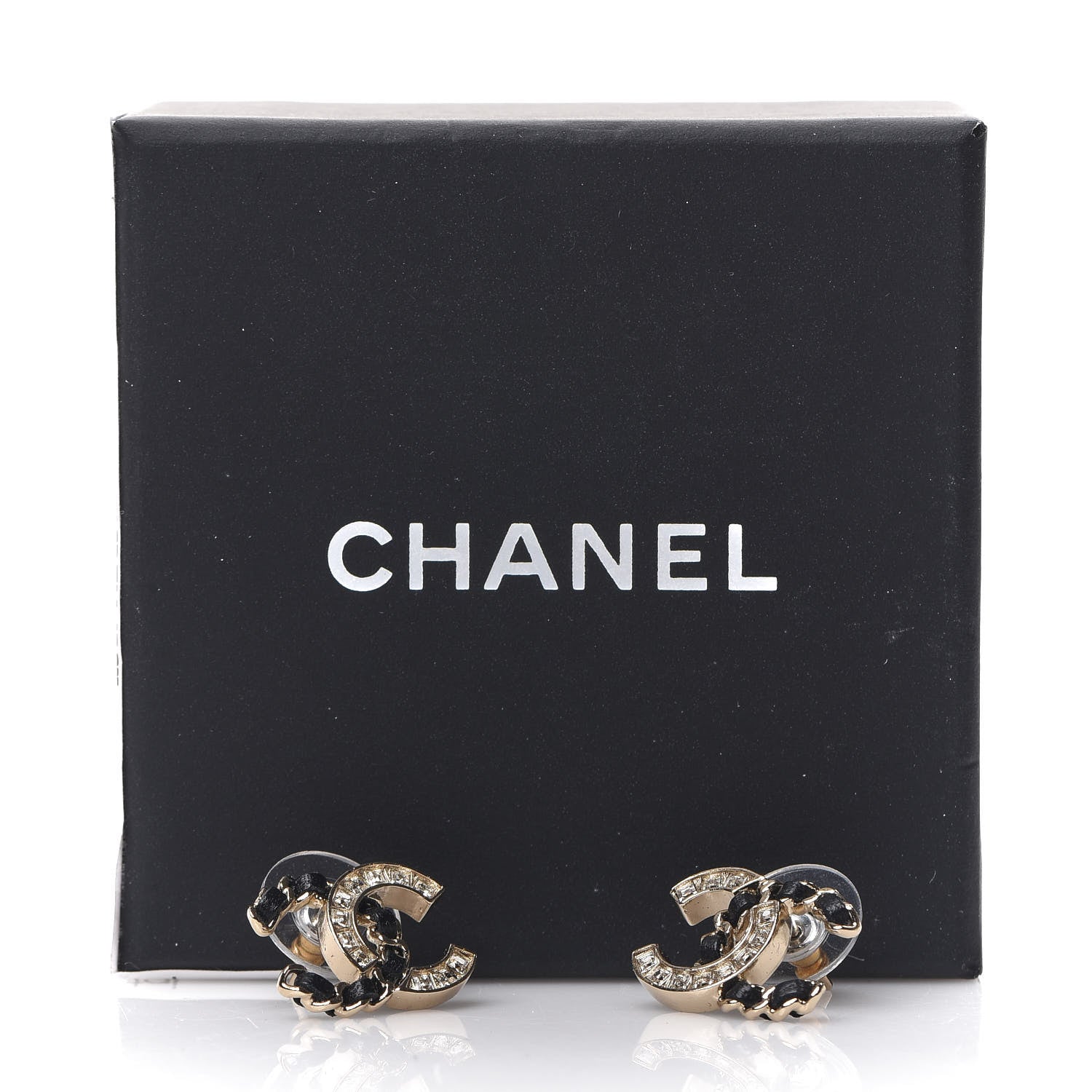 Chanel Crystal Baguette Lambskin Chain CC Vintage Allure Stud Earrings Black Gold 5 of 5