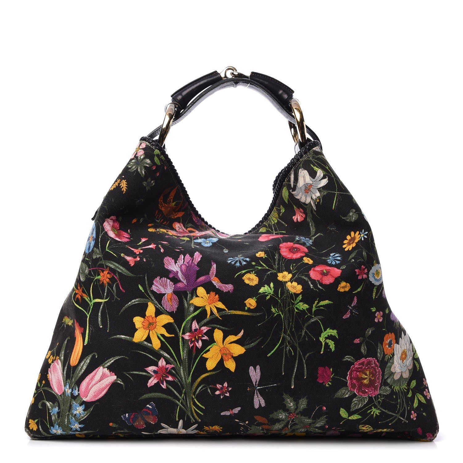 Gucci Canvas Flora Floral Large Horsebit Chain Hobo Black 1 of 11