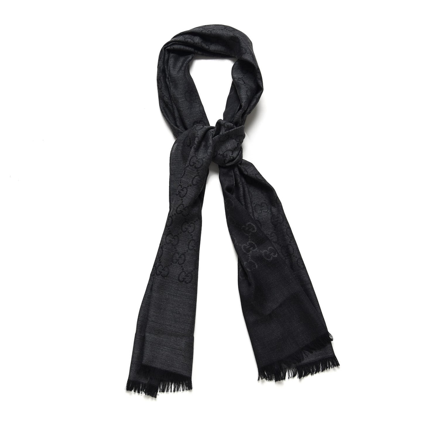 Wool Silk Monogram Fringe Scarf Grey Black
