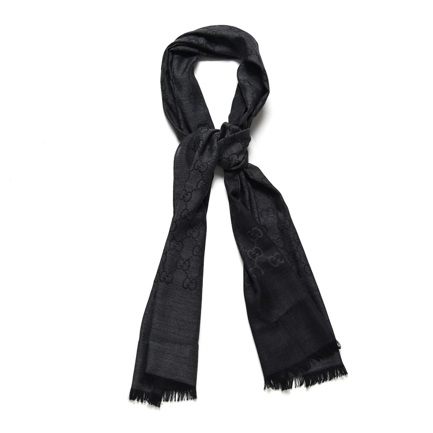 Gucci Wool Silk Monogram Fringe Scarf Grey Black 1 of 5