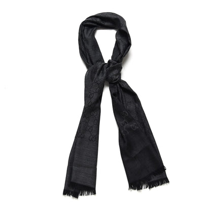 Gucci Wool Silk Monogram Fringe Scarf Grey Black 1 of 5