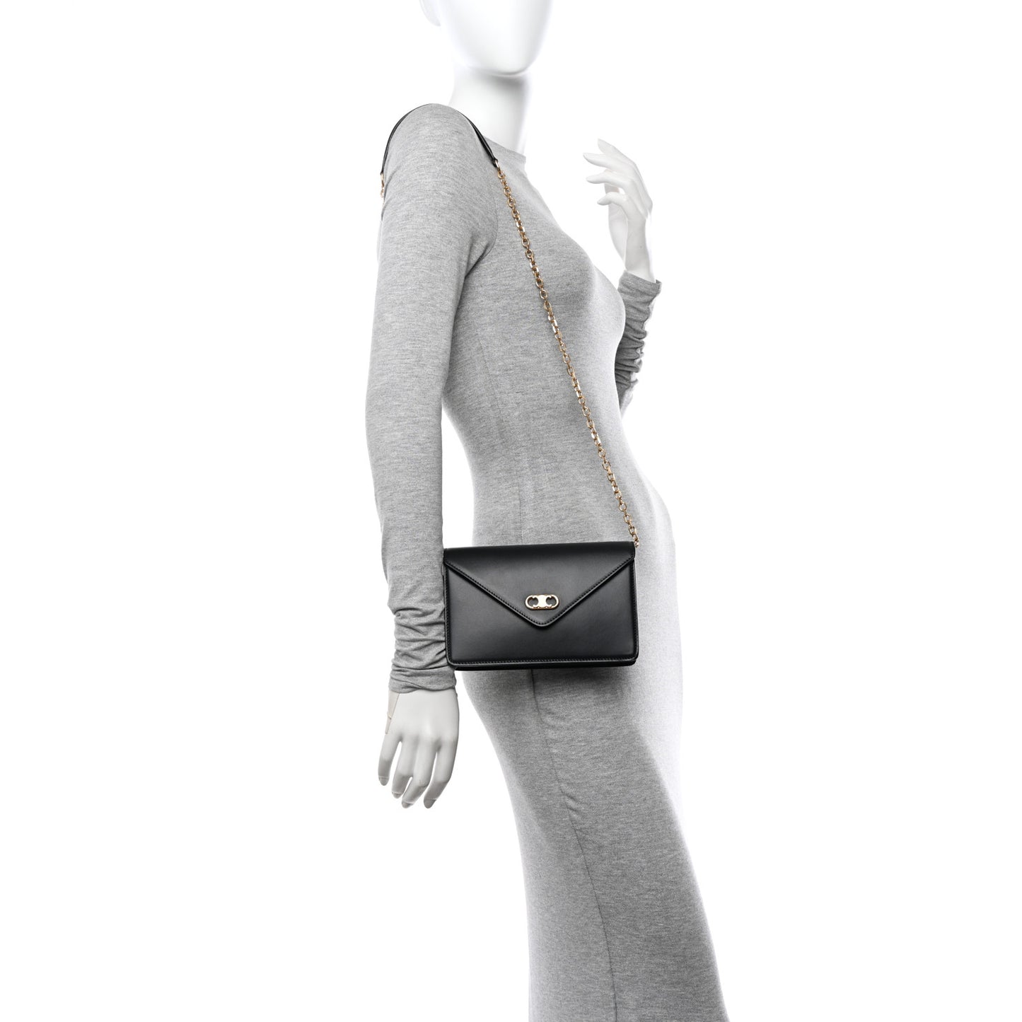 Shiny Calfskin Triomphe Maillon Wallet on Chain Black