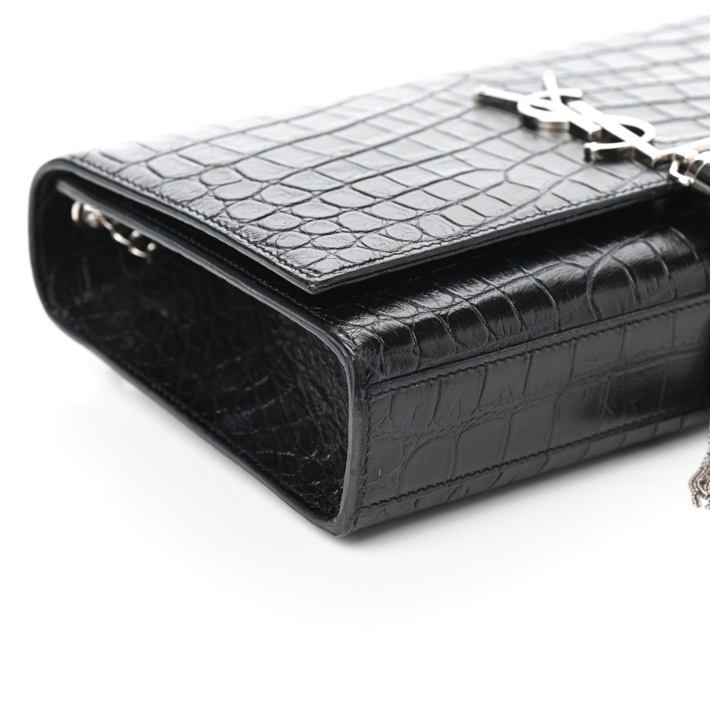 Calfskin Crocodile Embossed Medium Classic Monogram Kate Tassel Satchel Black