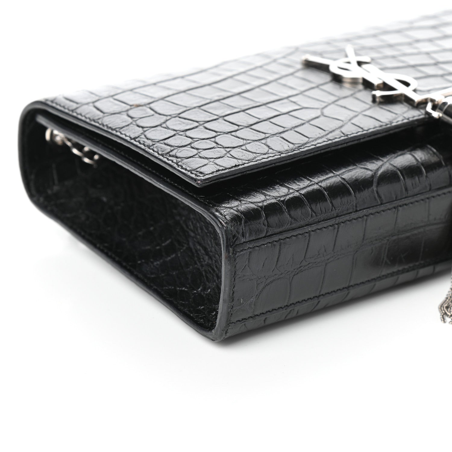 Saint Laurent Calfskin Crocodile Embossed Medium Classic Monogram Kate Tassel Satchel Black 7 of 8