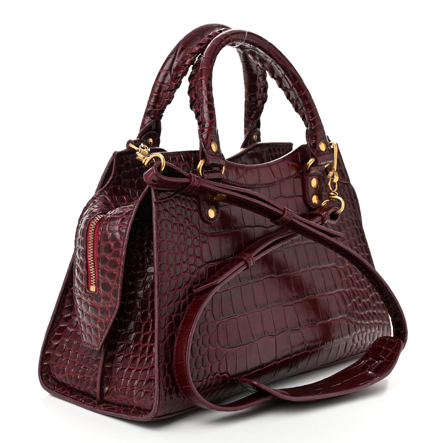 Shiny Supple Calfskin Crocodile Embossed Classic Gold Hardware S City Dark Red