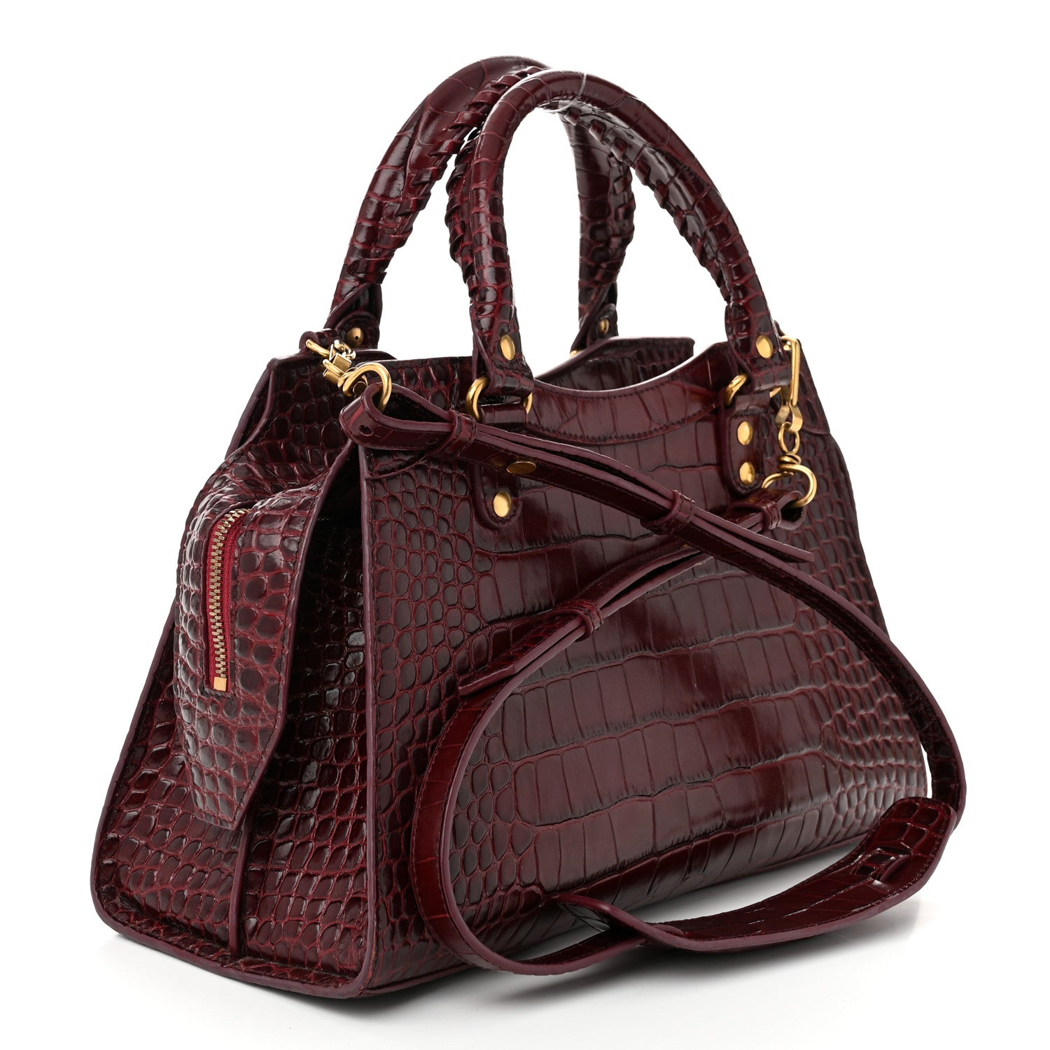Balenciaga Shiny Supple Calfskin Crocodile Embossed Classic Gold Hardware S City Dark Red 3 of 10