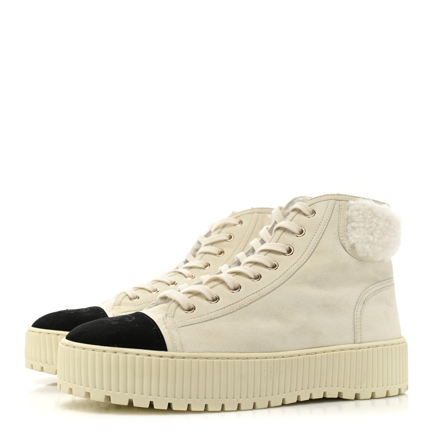 Kid Suede Shearling Sheepskin Lace Up Boots 39.5 Ivory White Black