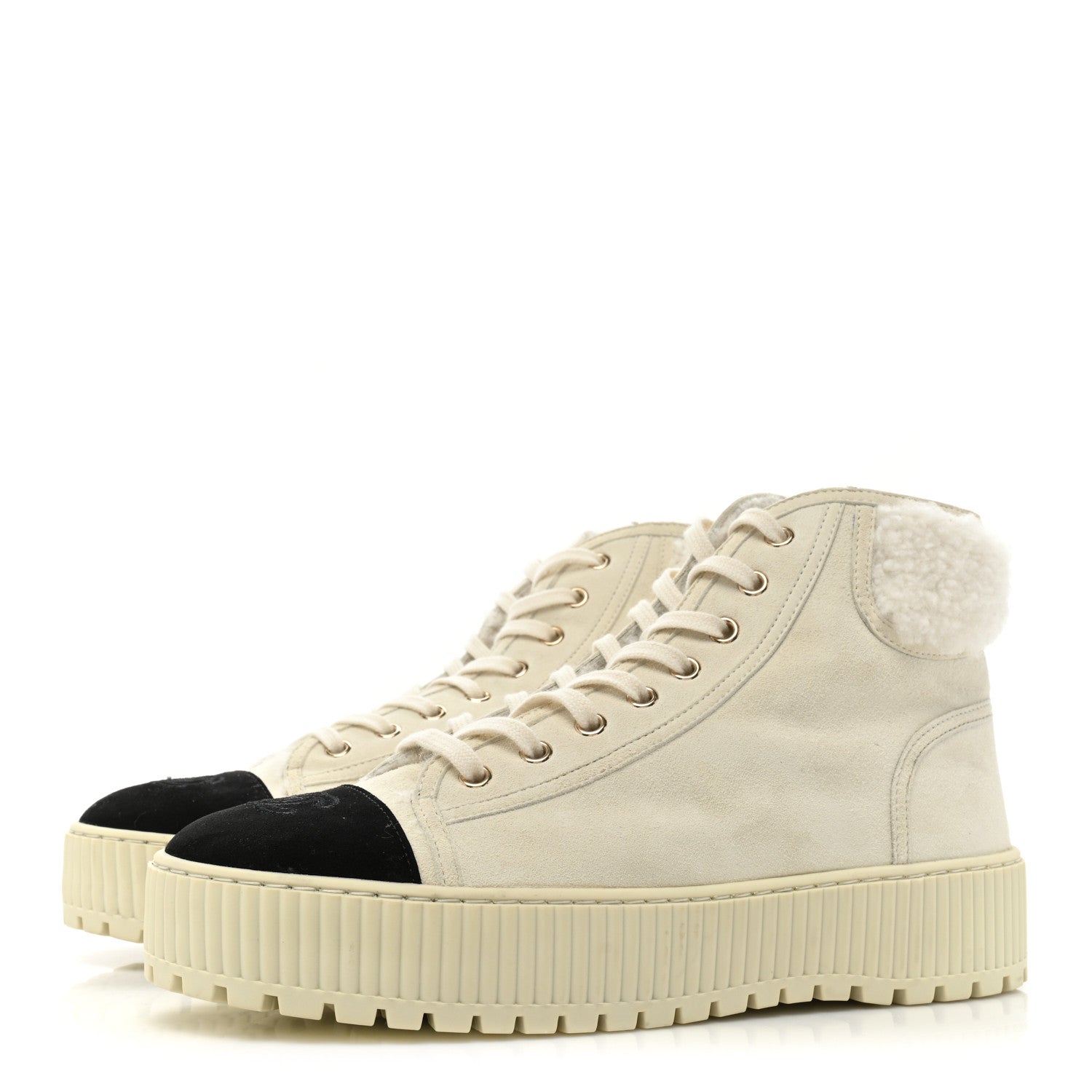 Chanel Kid Suede Shearling Sheepskin Lace Up Boots 39.5 Ivory White Black 3 of 13