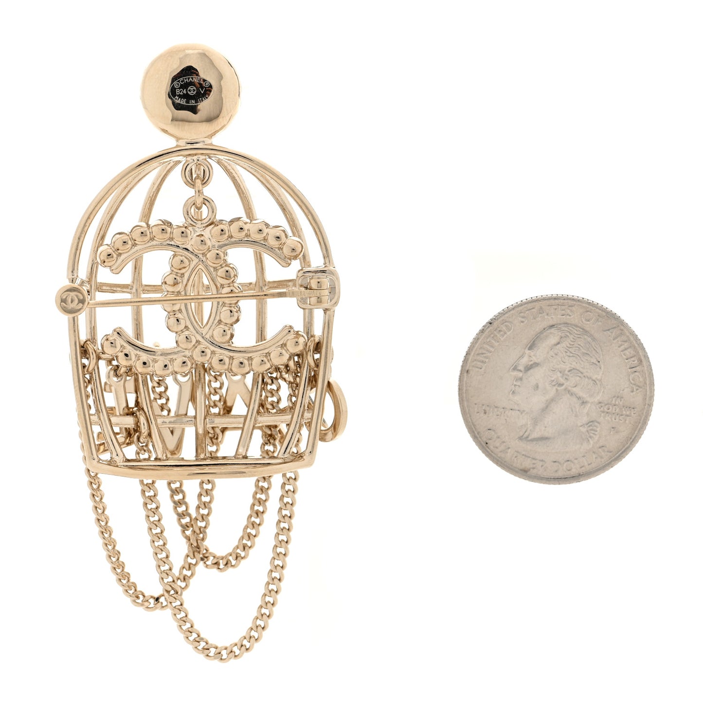 Metal Crystal Pearl CC Birdcage Brooch Light Gold