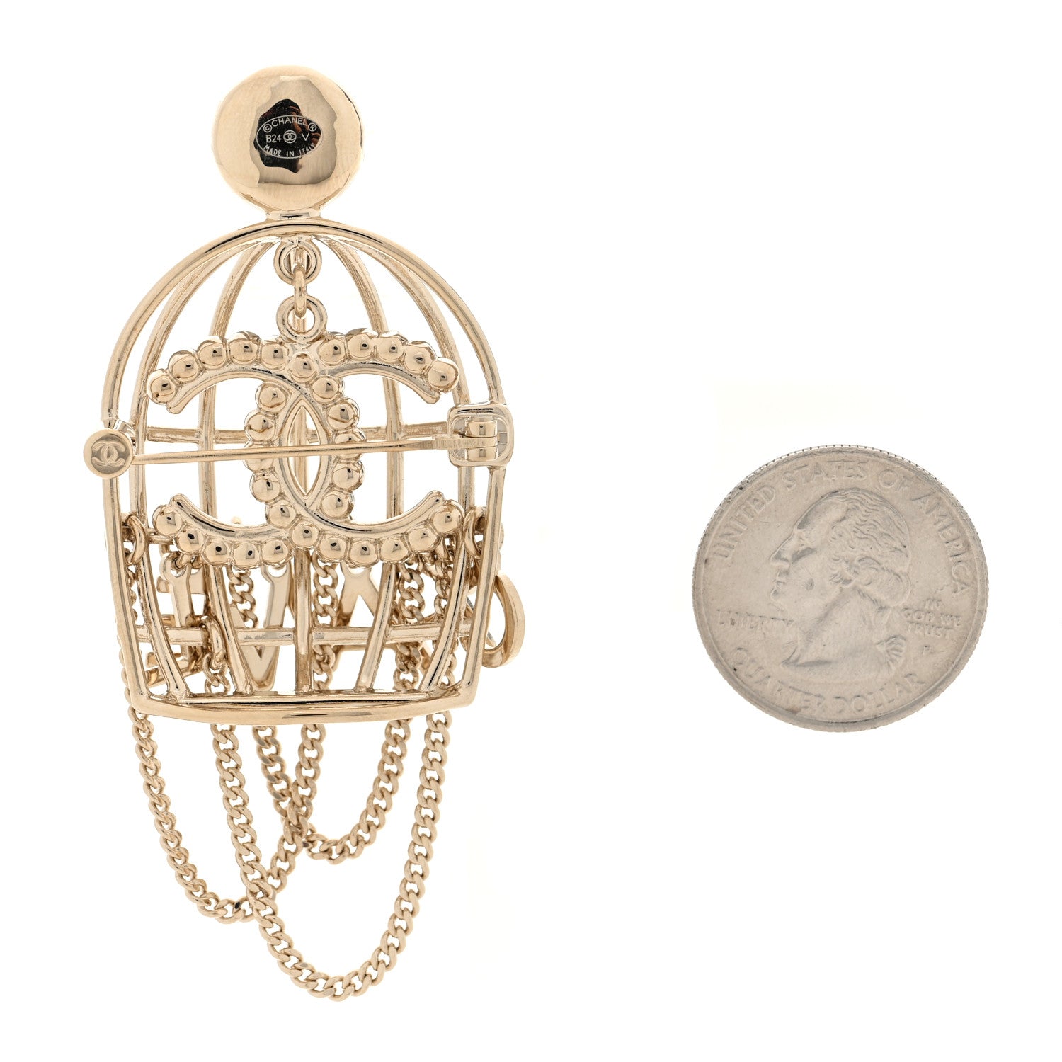 Chanel Metal Crystal Pearl CC Birdcage Brooch Light Gold 2 of 4