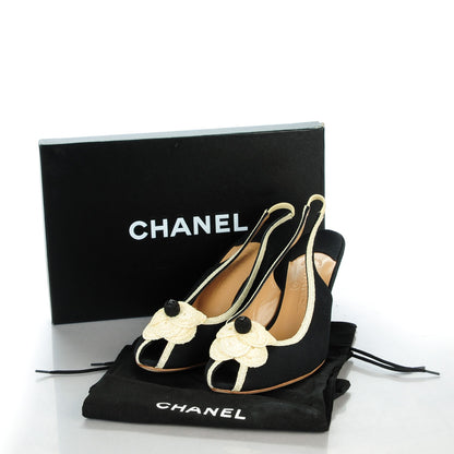 Chanel Canvas Crochet Camellia Peep Toe Pumps 38.5 Black 7 of 7