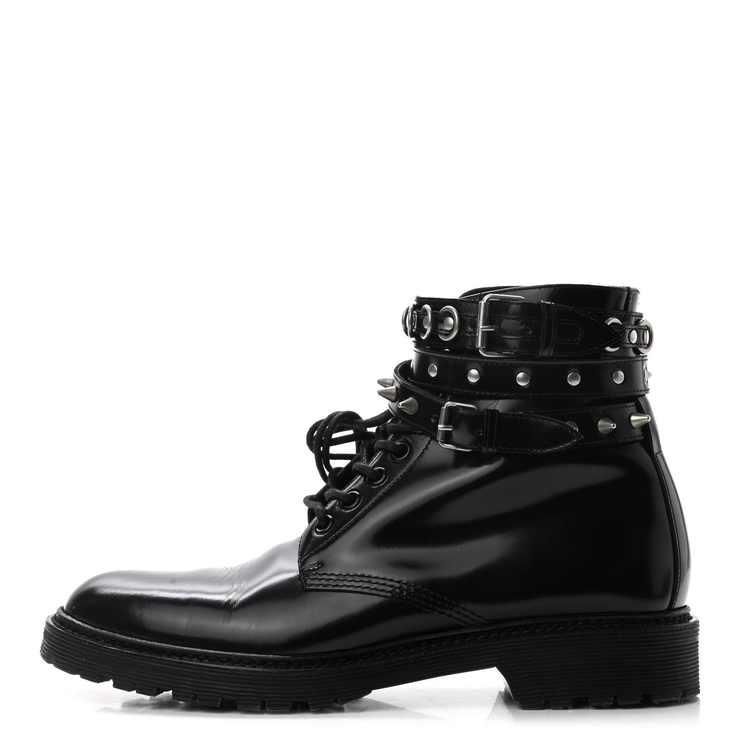 Saint Laurent Smooth Calfskin Studded Womens Lace-Up Combat Boots 38 Black 1 of 9