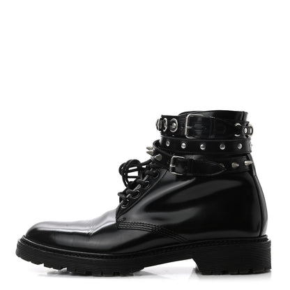 Saint Laurent Smooth Calfskin Studded Womens Lace-Up Combat Boots 38 Black 1 of 9