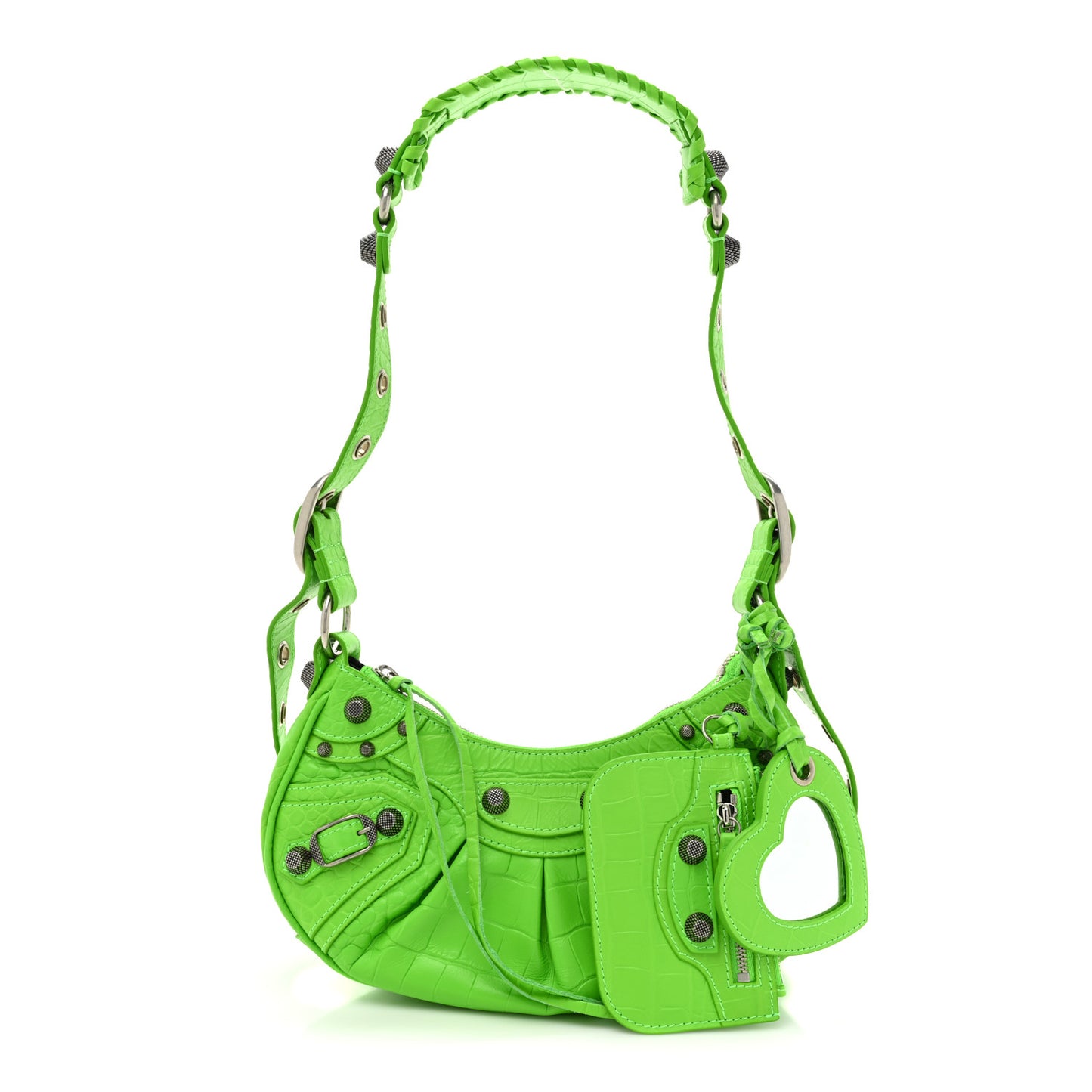 Extra Supple Calfskin Crocodile Embossed Le Cagole Shoulder Bag XS Acid Green