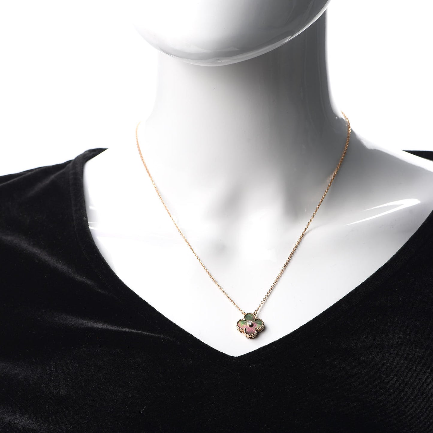 18K Rose Gold Diamond Grey Mother of Pearl Vintage Alhambra Pendant Necklace