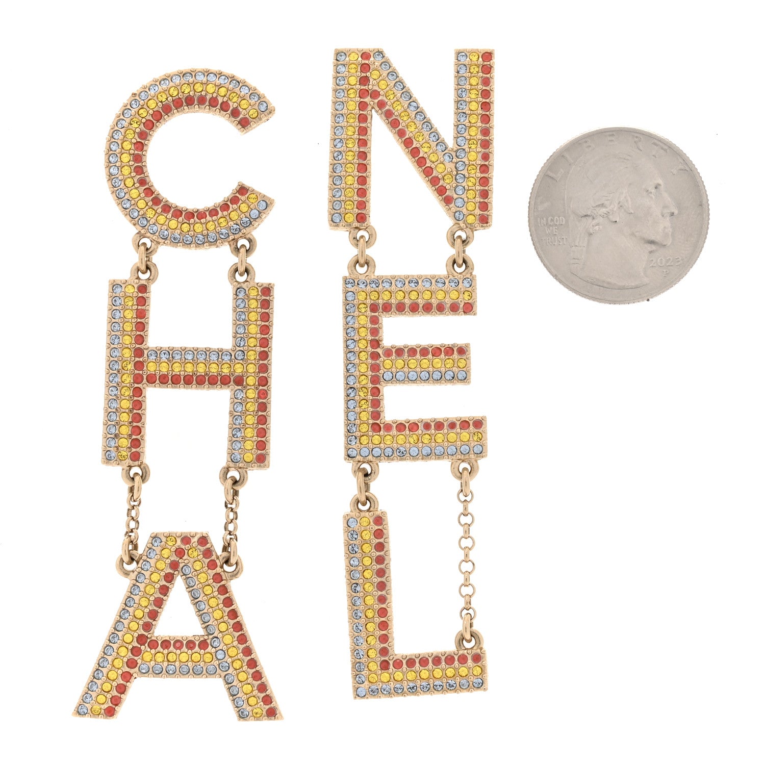 Chanel Metal Crystal Rainbow Cha-Nel Logo Drop Earrings Multicolor Gold 2 of 5