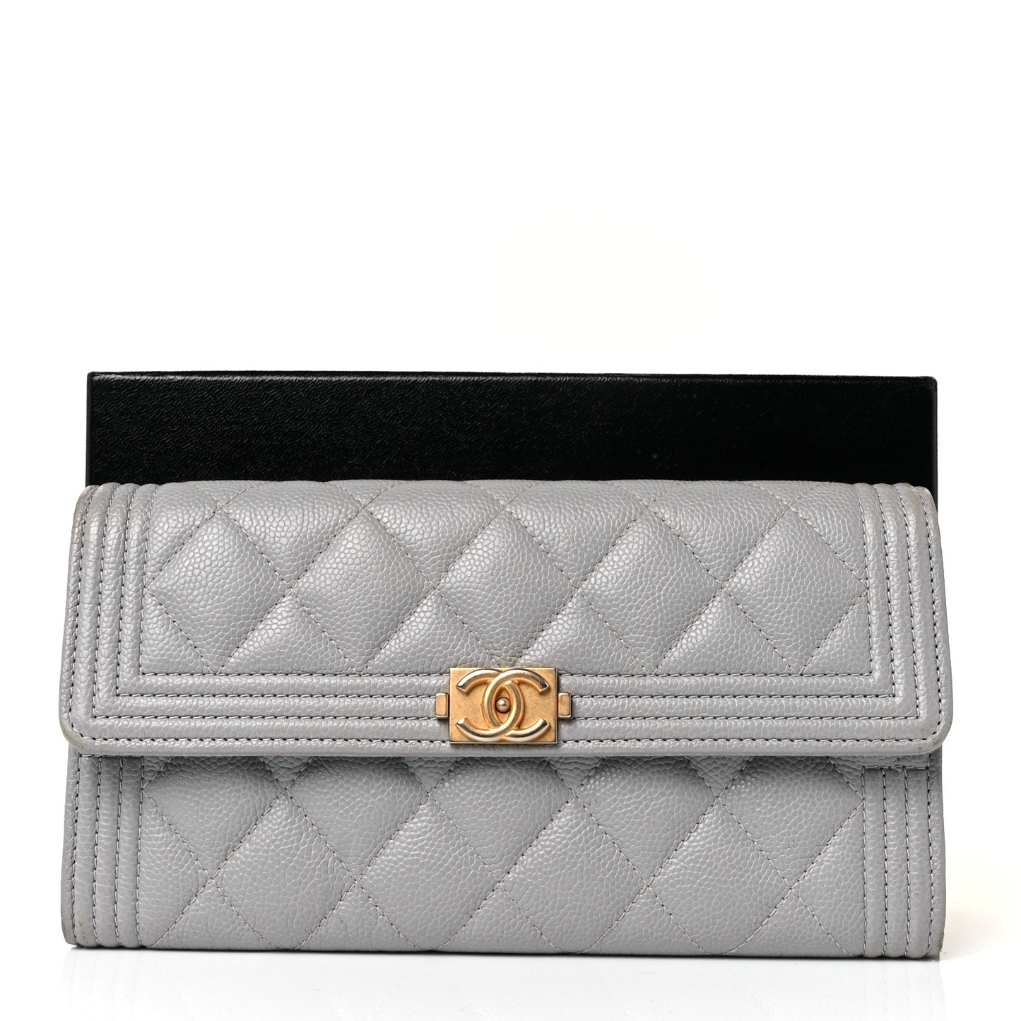 Caviar Quilted Large Boy Gusset Flap Wallet Grey