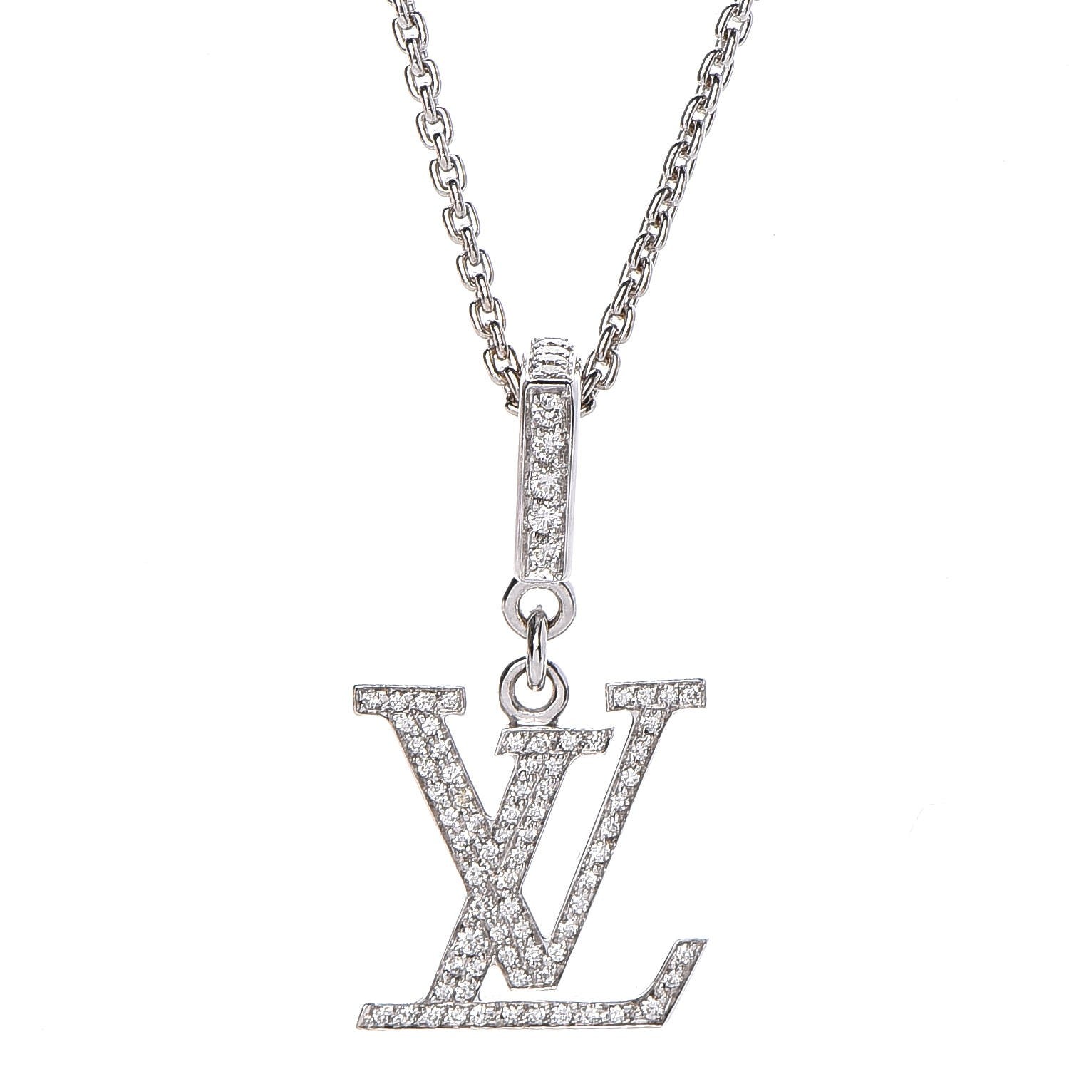 Louis Vuitton 18K White Gold Diamond Logo Necklace 4 of 8