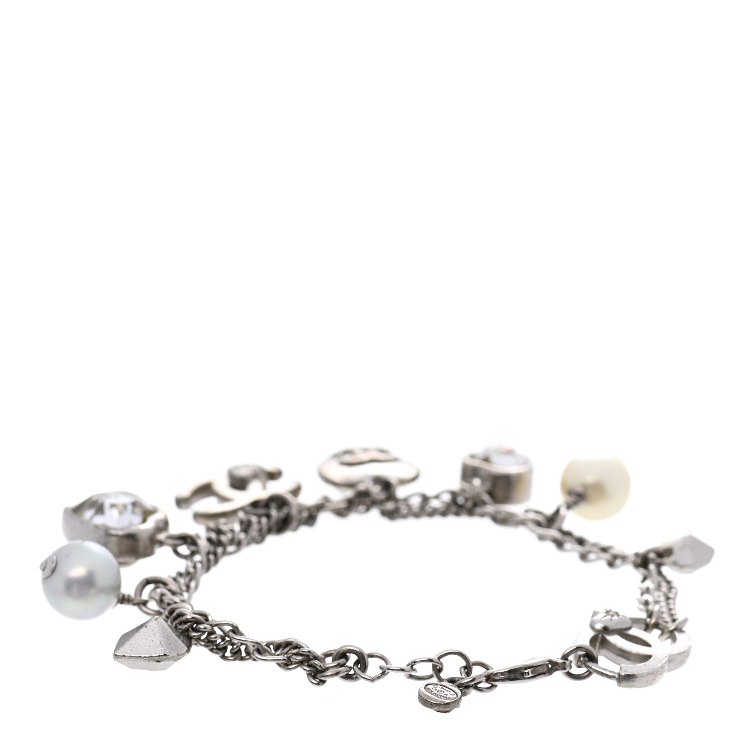 Chanel Crystal Pearl Heart CC Charm Bracelet Silver 3 of 4