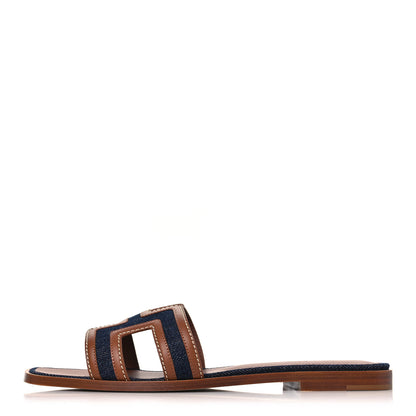 Hermes Calfskin Denim Oran Sandals 38.5 Bleu Brut Gold 1 of 8