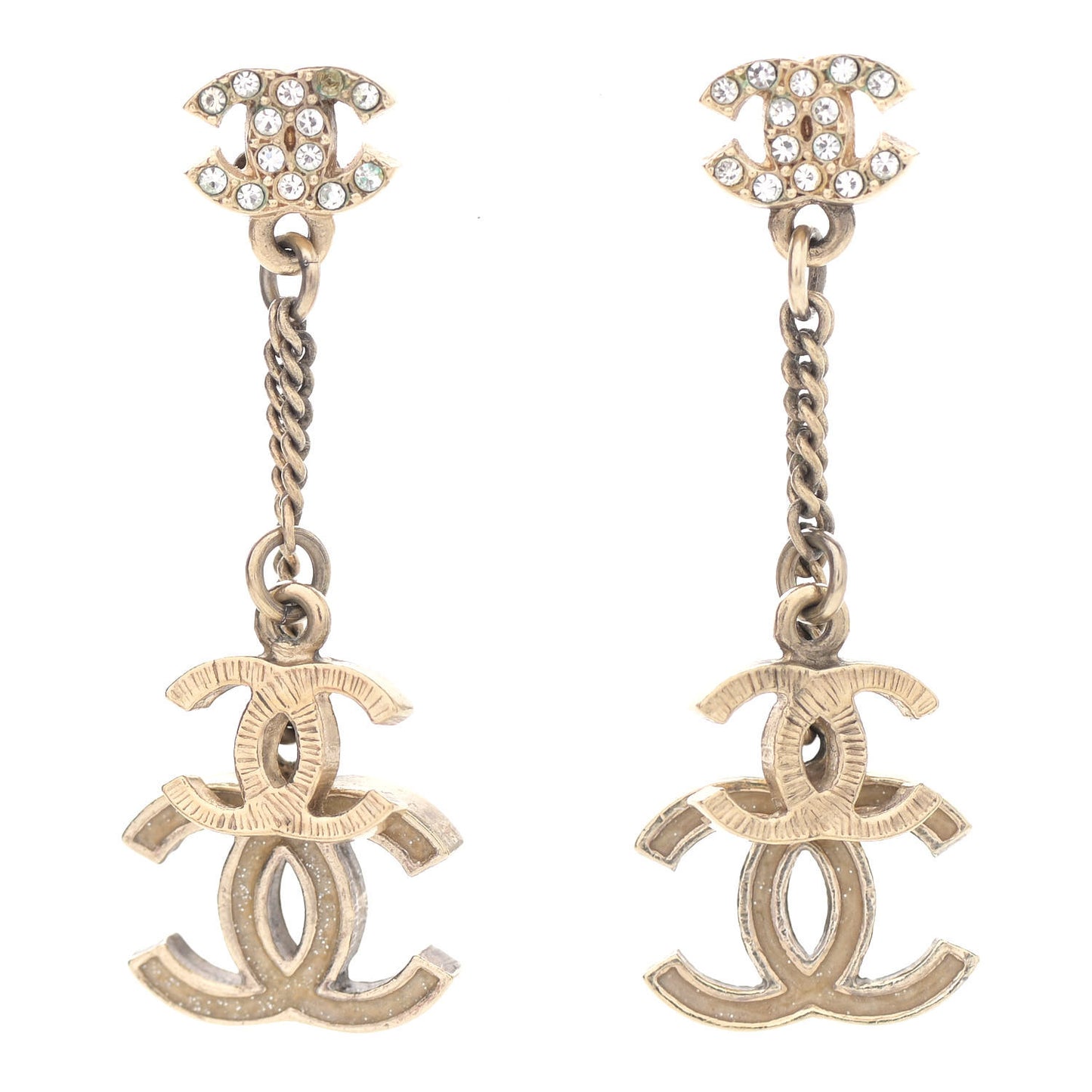 Crystal Resin Double CC Drop Earrings Gold