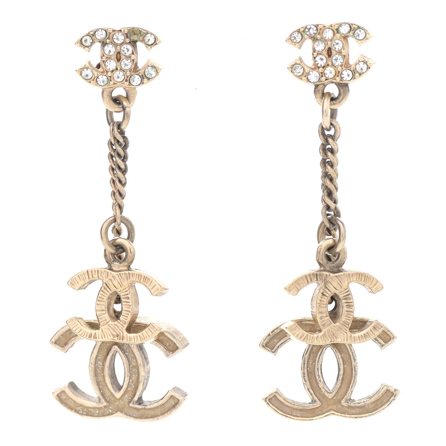 Chanel Crystal Resin Double CC Drop Earrings Gold 1 of 5