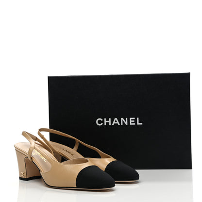 Chanel Goatskin Grosgrain Cap Toe CC Slingback Pumps 38.5 Beige Black 9 of 9