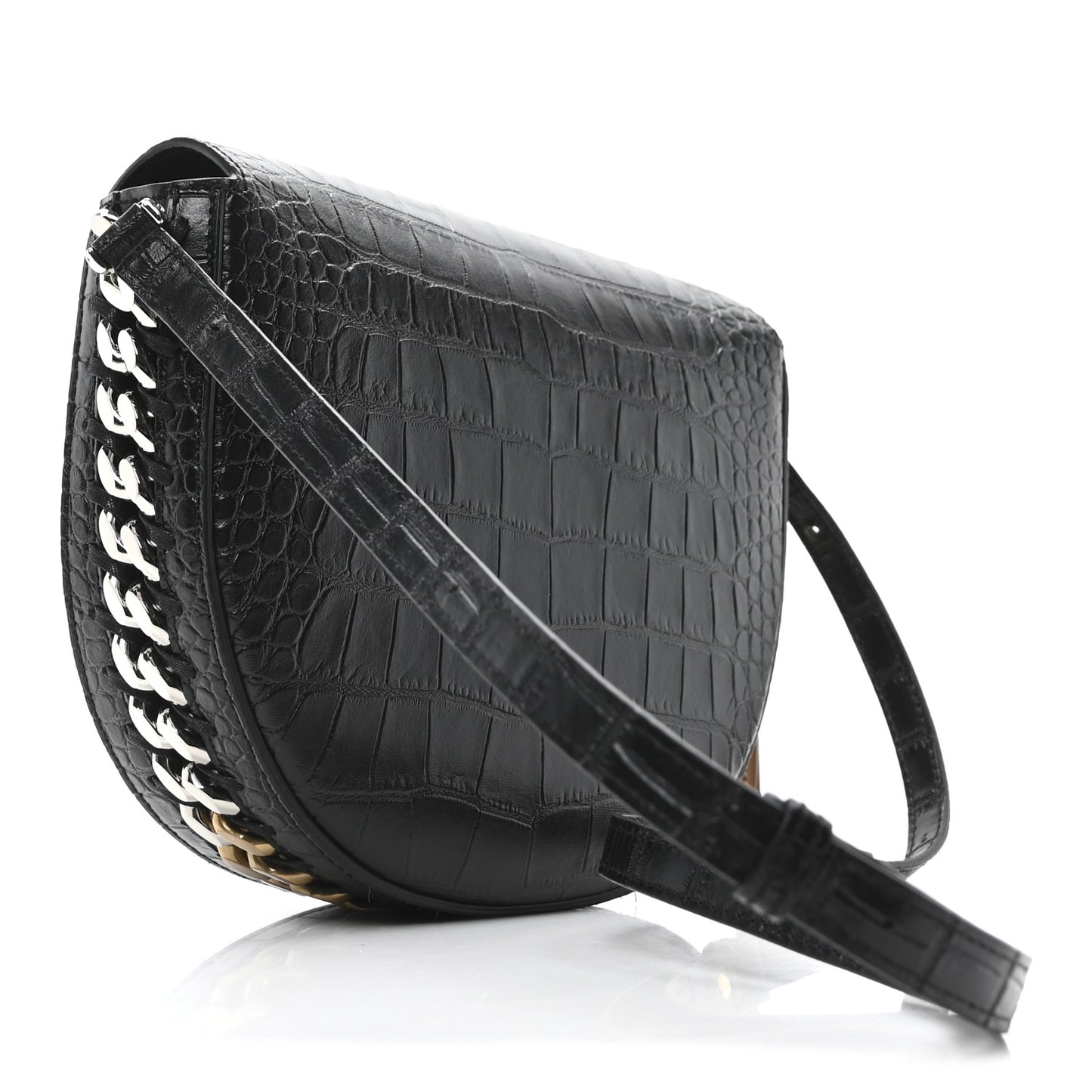 Embossed Crocodile Effect Medium Frayme Flap Shoulder Bag Black