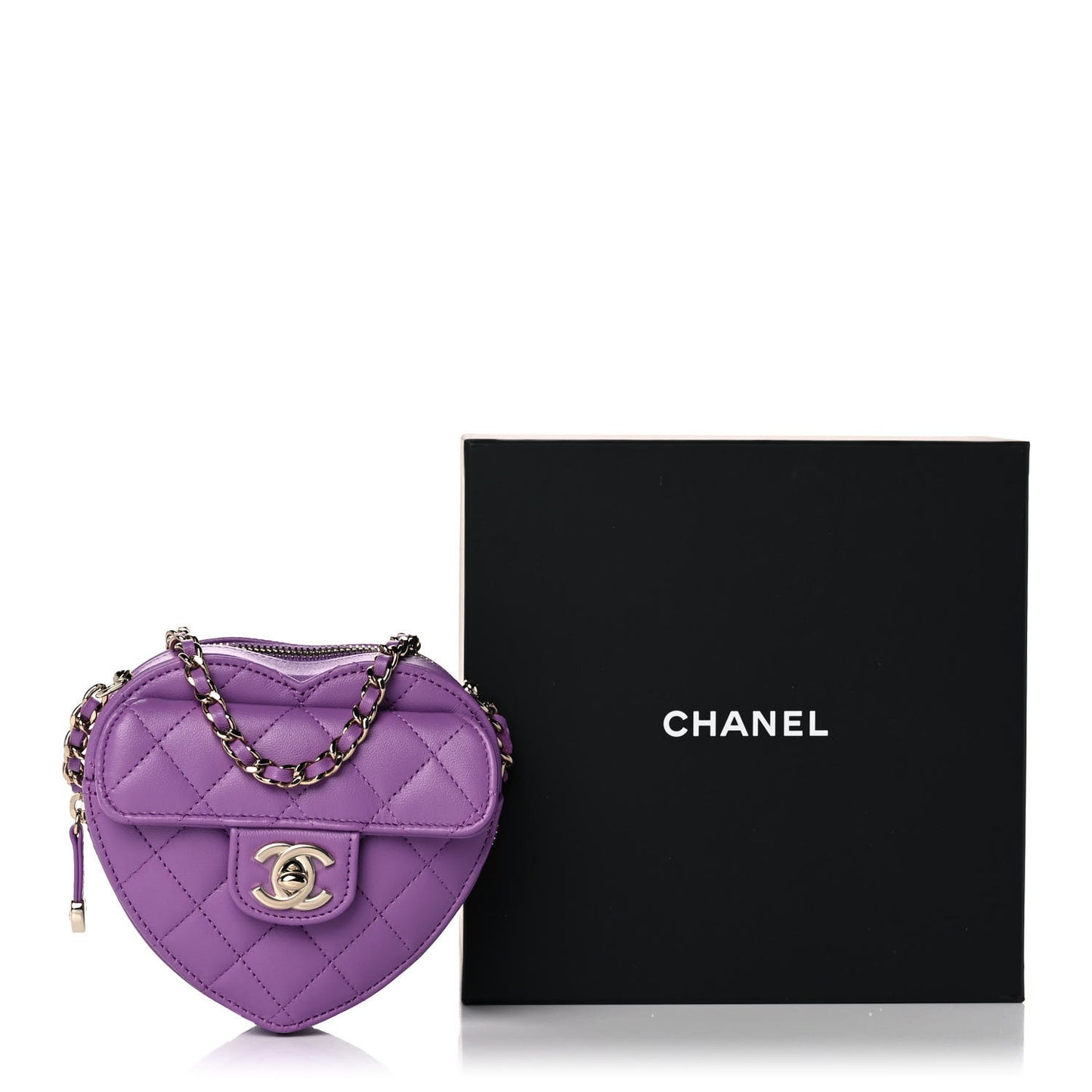 Lambskin Quilted CC In Love Heart Clutch With Chain Purple