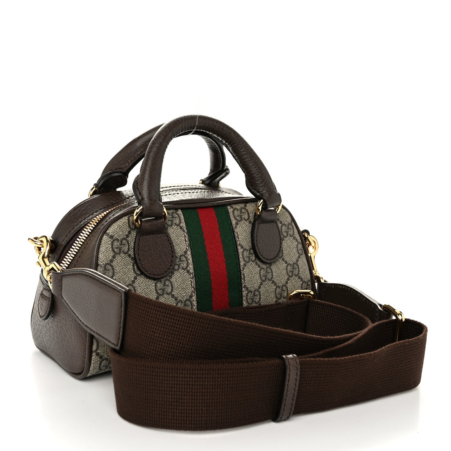 GG Supreme Monogram Textured Dollar Calfskin Web Mini Ophidia Top Handle Bowler Bag Beige Ebony New Acero