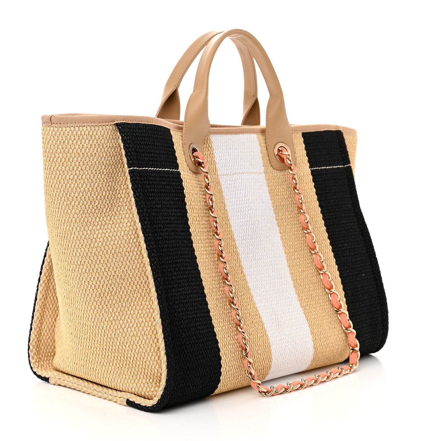 Straw Raffia Calfskin Striped Medium Deauville Tote Black Beige Ivory