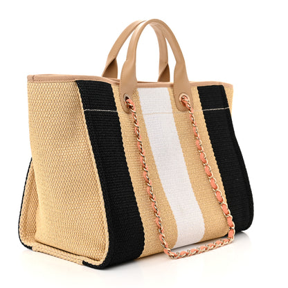 Chanel Straw Raffia Calfskin Striped Medium Deauville Tote Black Beige Ivory 3 of 12