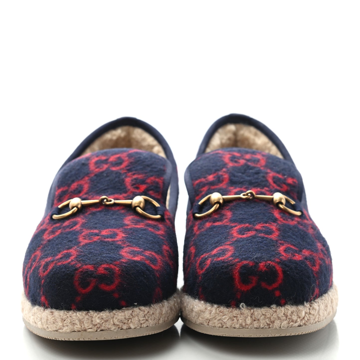 Covered Wool GG Monogram Mens Fria Horsebit Loafers 8 Blue Red Butterscotch