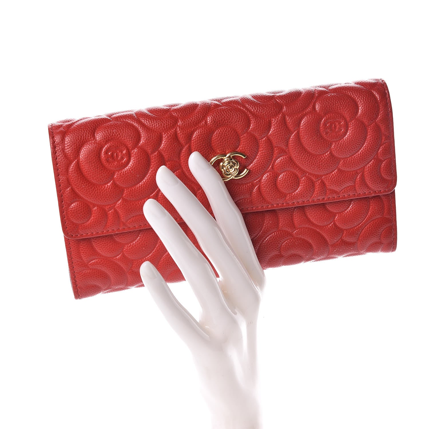 Chanel Caviar Camellia Embossed Flap Wallet Red 2 of 10