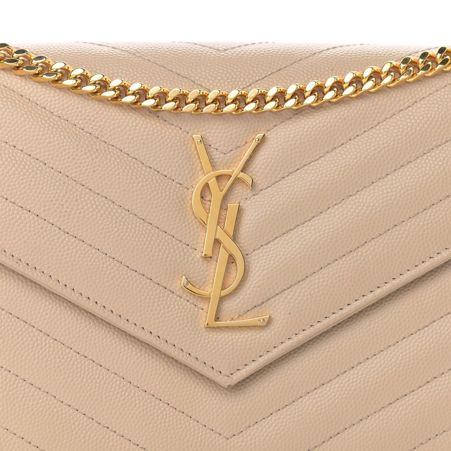 Saint Laurent Grain De Poudre Matelasse Chevron Monogram Chain Wallet Dark Beige 9 of 13