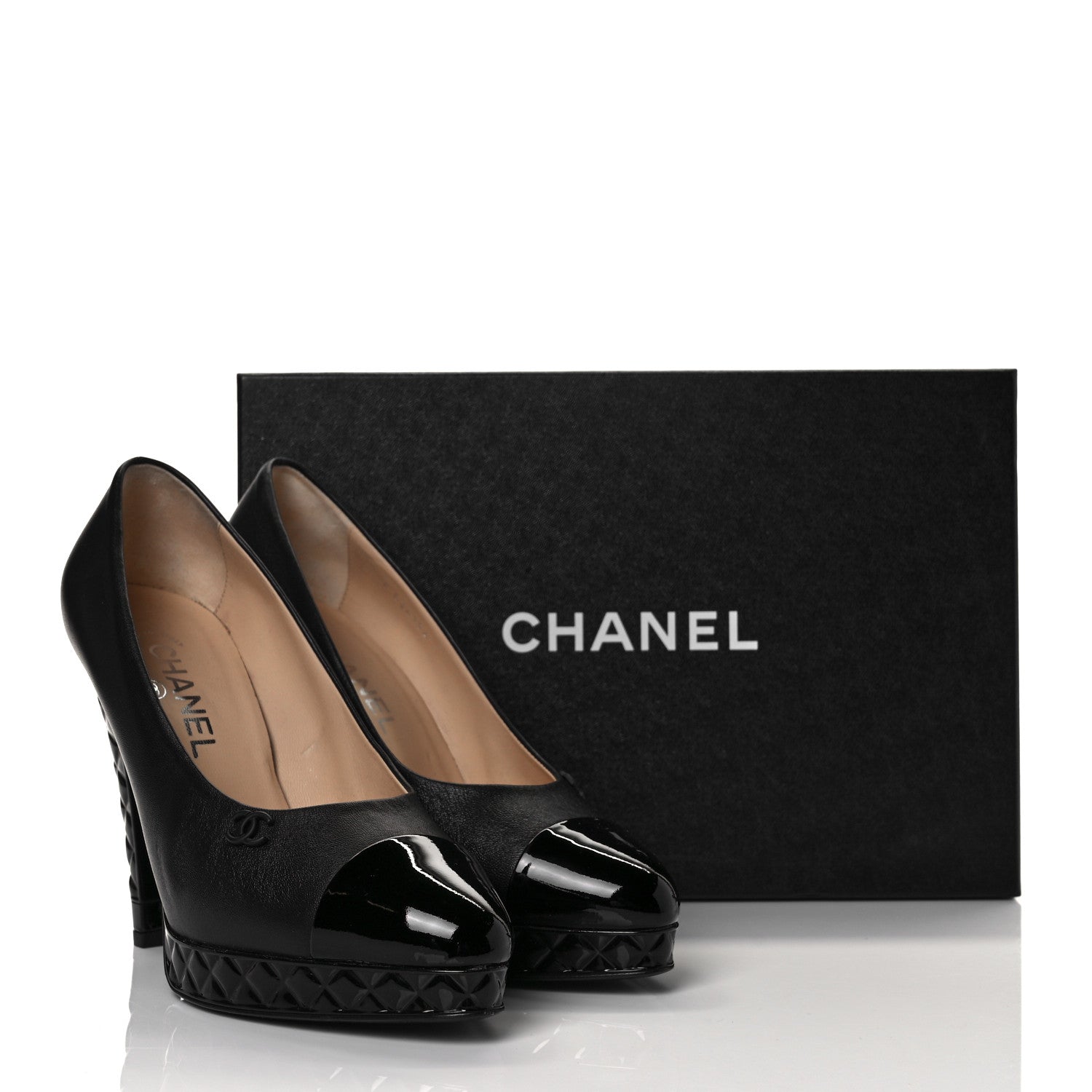 Chanel Lambskin Patent CC Cap Toe Platform Quilted Pumps 38.5 Black 19 of 20