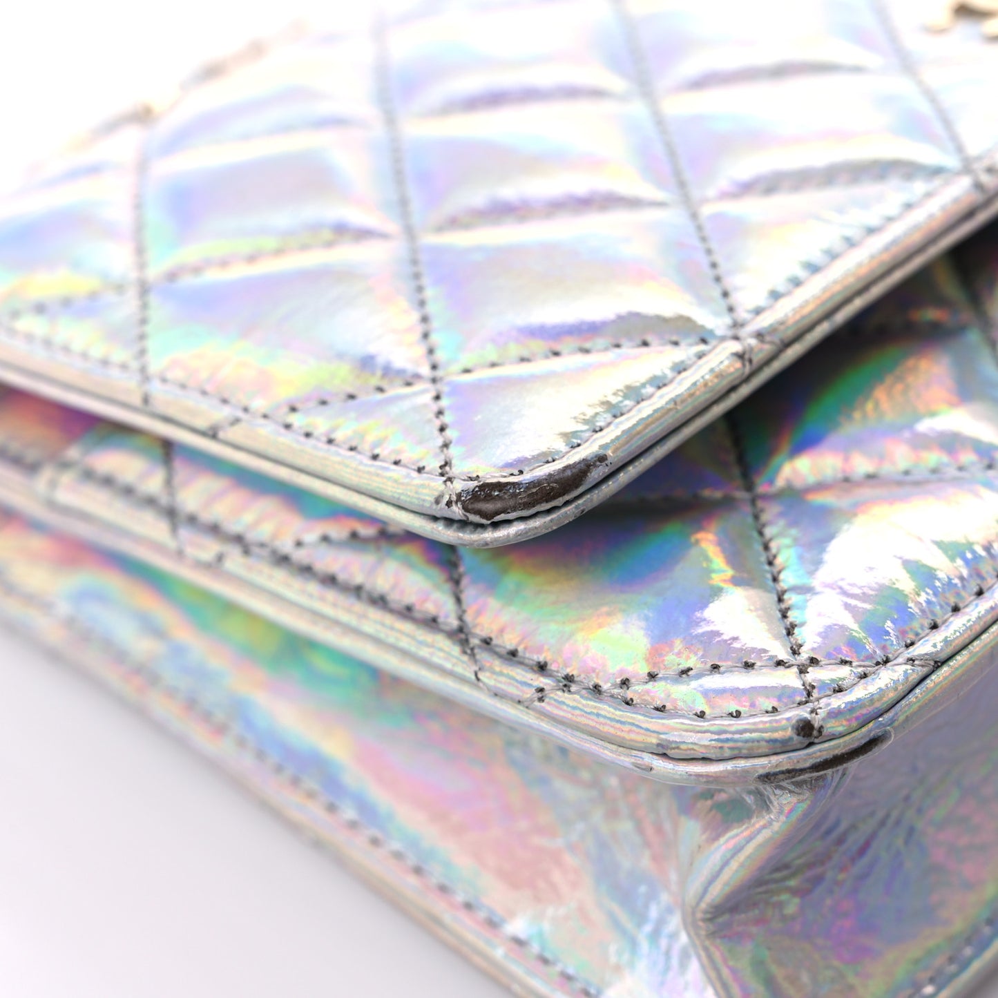 Iridescent Goatskin Quilted Wallet On Chain WOC Silver